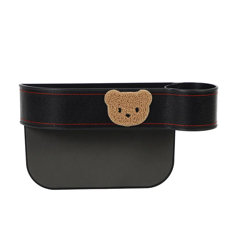Leather car seat gap storage box with cartoon bear design for holding phone and keys