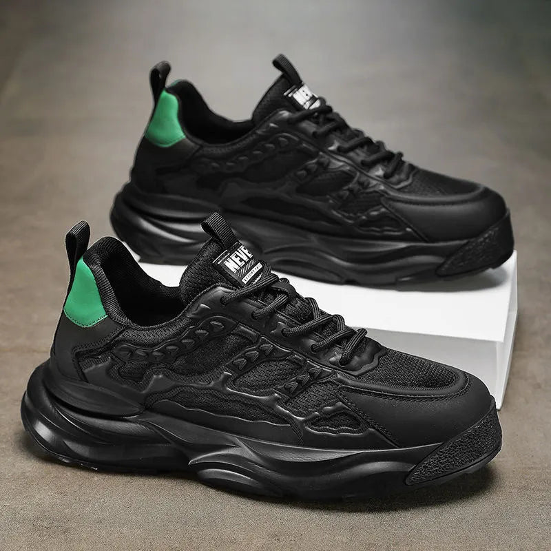 Men's breathable mesh shoes in white or black with round toe and PU construction