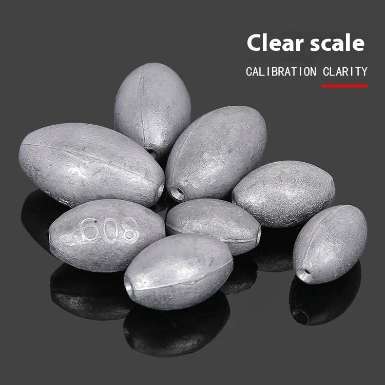 Tongxin style rugby-shaped olive lead fishing sinker with scale texture and plastic core, shown with weight options.
