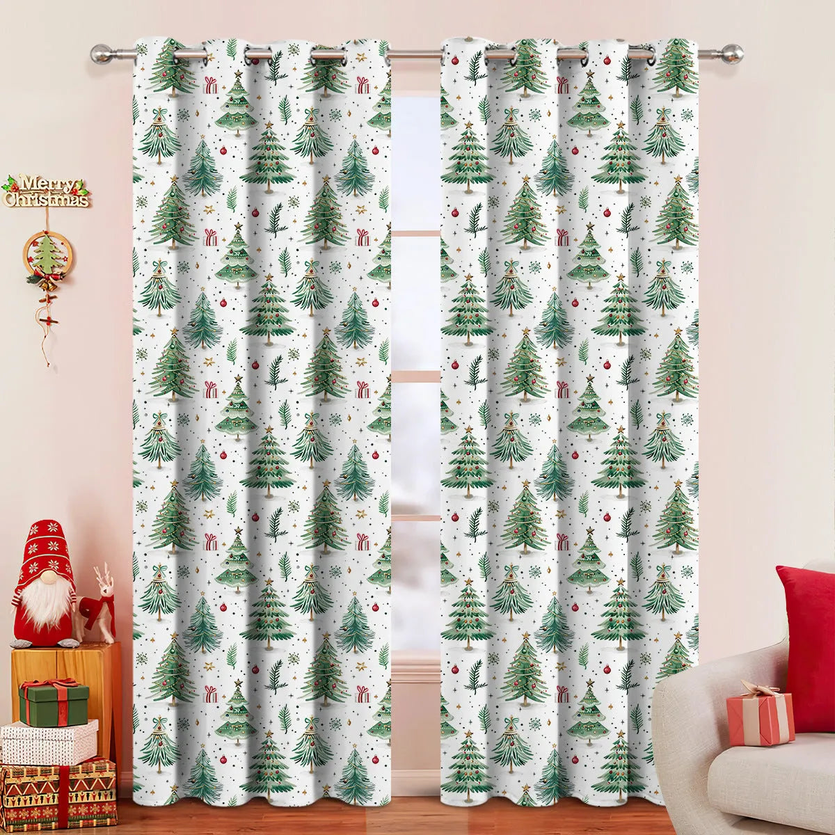 Christmas Forest Punching pattern shading curtain in modern simple style hanging on a window.