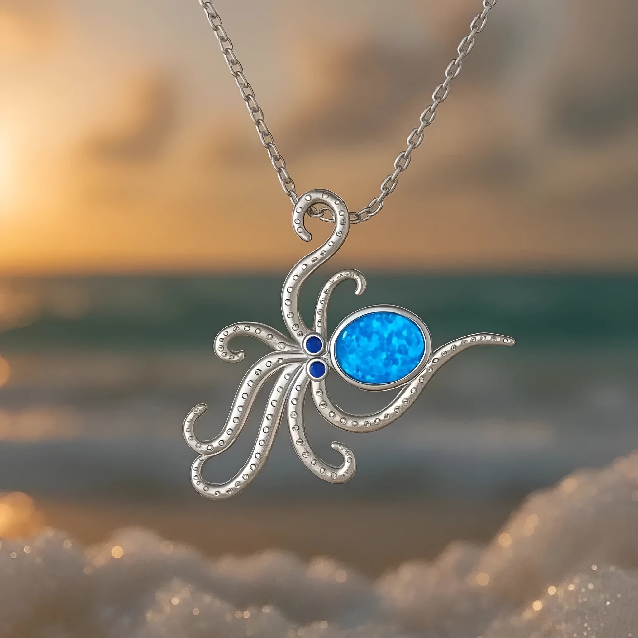 Geometric octopus pendant necklace with opal inlay on silver stainless steel box chain