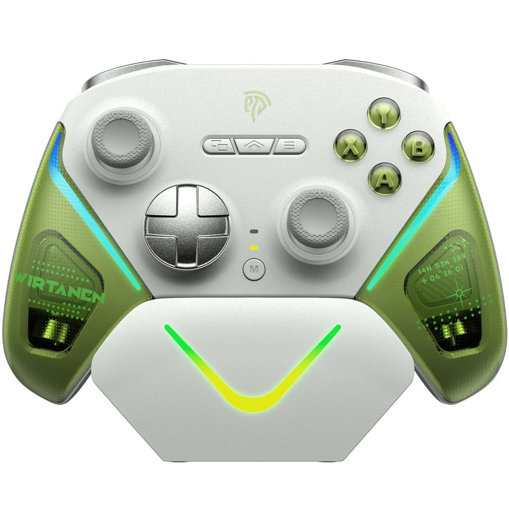Rocker game controller smart charging base in black, green, or purple colours showing type-C port.