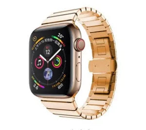 Stainless steel metal chain link strap with butterfly clasp for Apple Watch in silver colour.