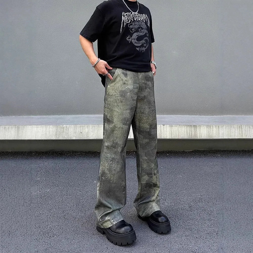 Men's straight-leg jeans with a retro camouflage pattern on blue cotton denim.