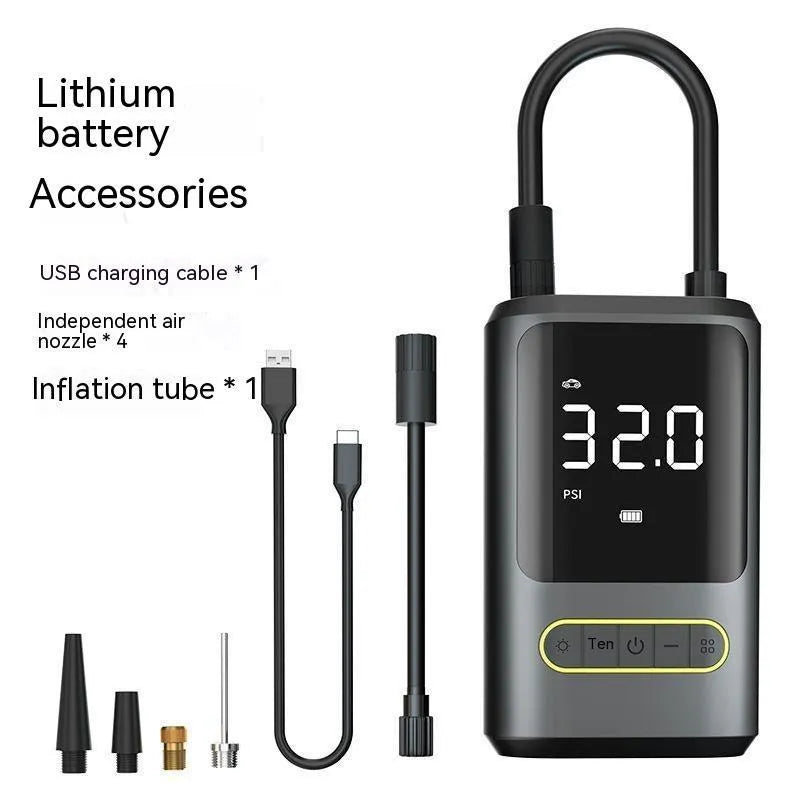Handheld wireless digital display air pump with LED light and attached air hose