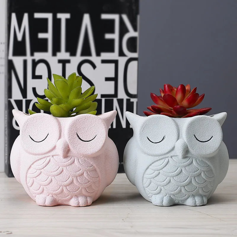 Handmade frosted ceramic owl flower pot in light pink for small succulents.