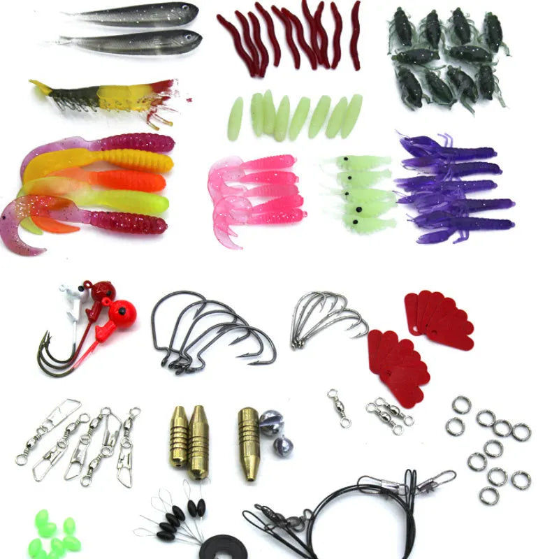132-piece fishing lure set with soft baits and high carbon steel hooks in rose red colour
