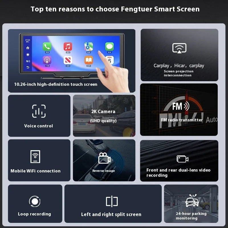 10-inch car smart screen with CarPlay and integrated front and rear recording dash cam