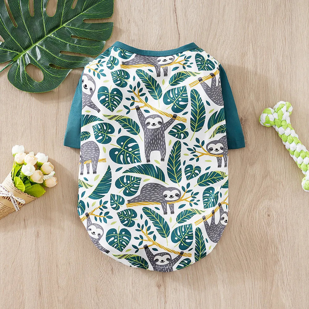 Printed polyester dog t-shirt for small dogs showing colourful design with size options S to XXL