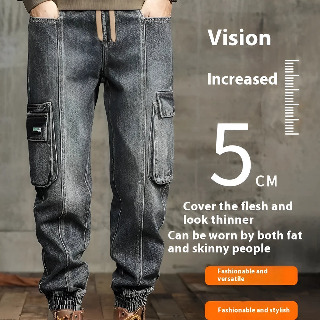 Men’s retro ankle-tied denim jeans in retro colour, mid-waist skinny fit with elastic waist