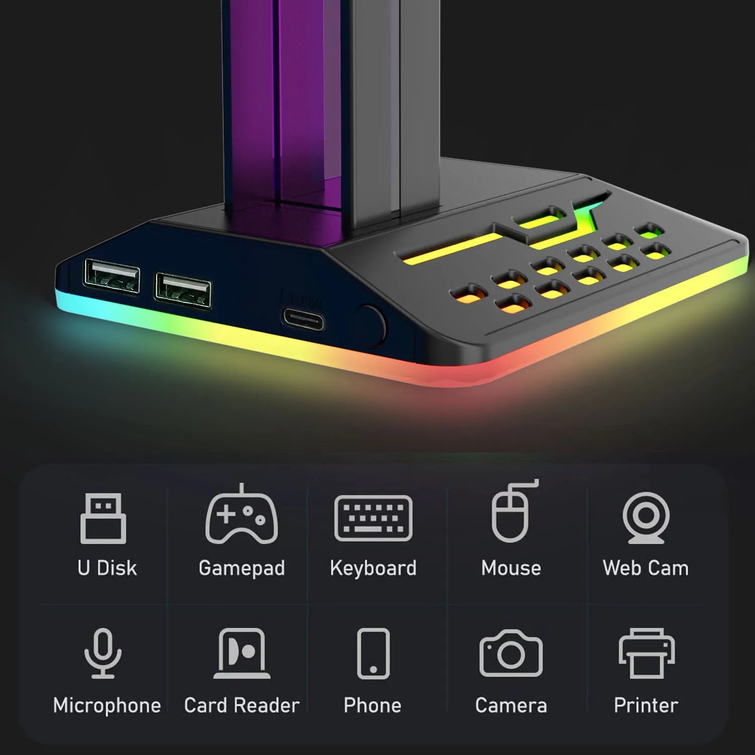 RGB colour changing headset display bracket with dual USB ports and adjustable headphone support arms