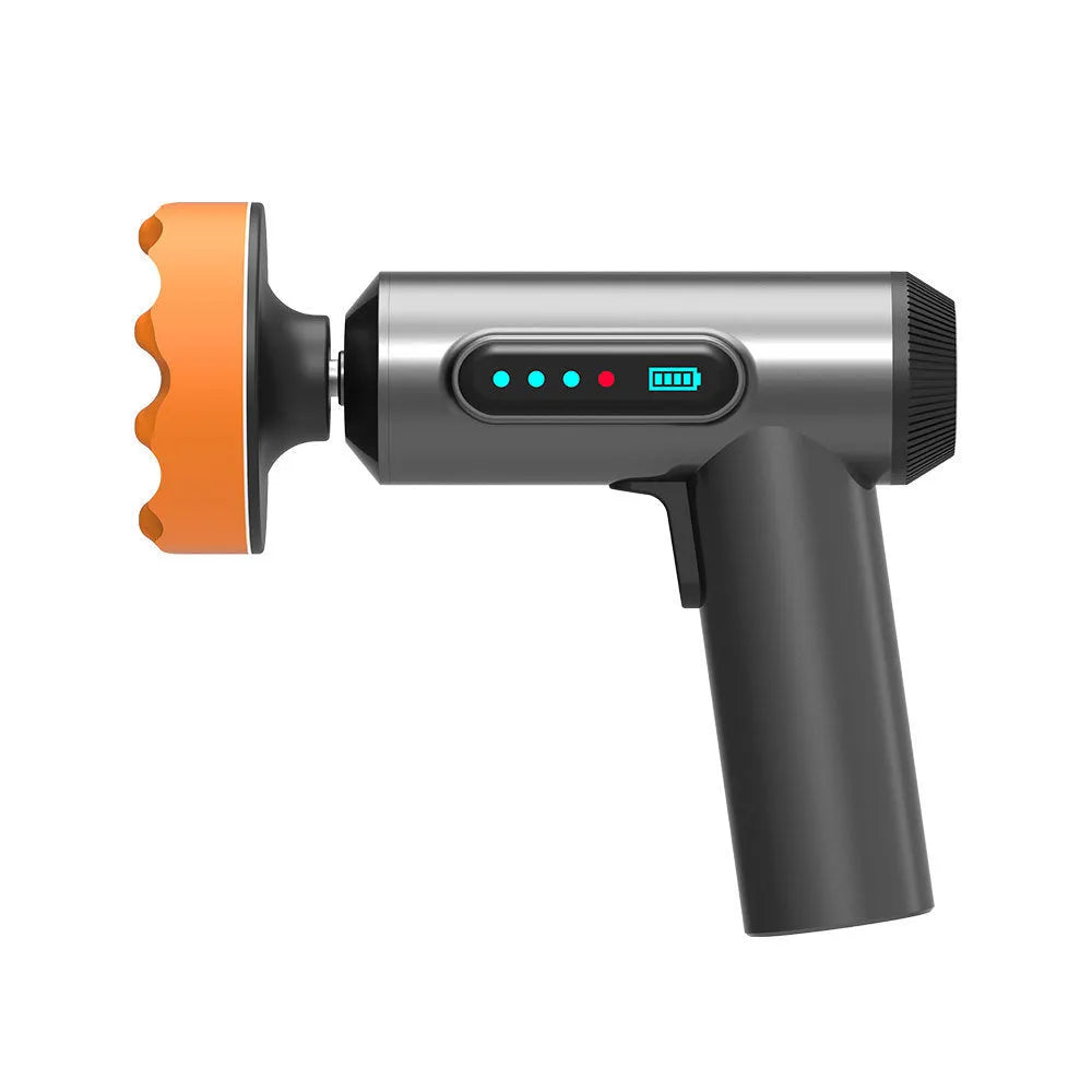 Handheld wireless waxing and polishing machine with a 7.7cm disc on a wooden floor.