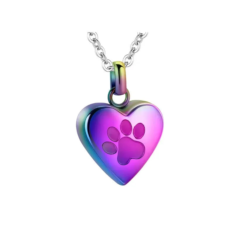 Openable titanium steel heart pendant with paw print for memorial ashes on necklace chain