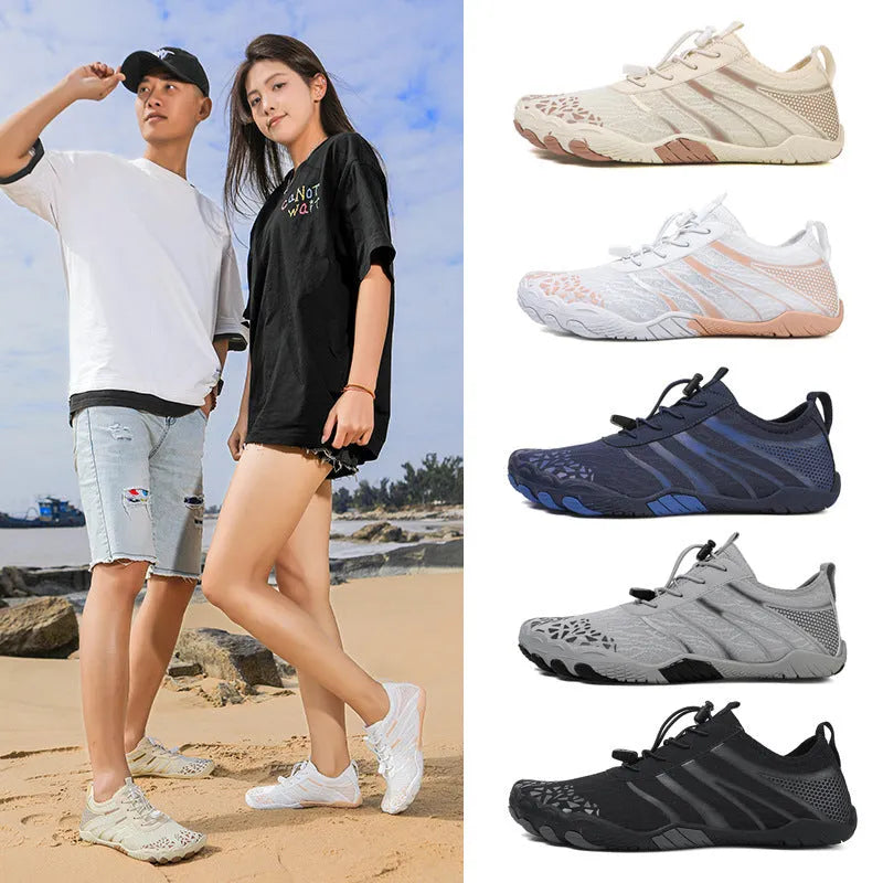 Casual unisex beach running shoes in Lycra stretch fabric, shown in beige, black, blue, grey, and white powder colour options.