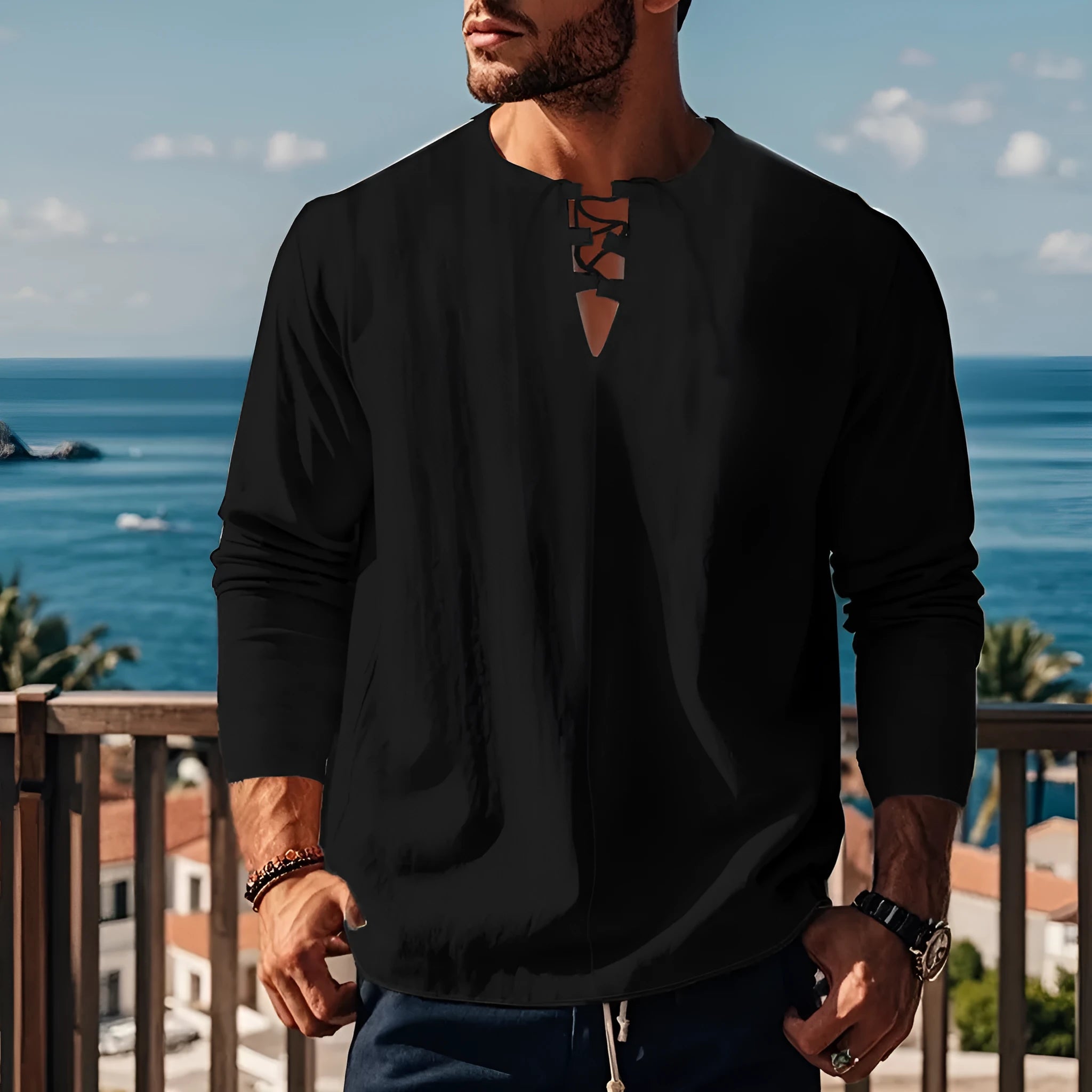 Cotton linen blend solid colour beach shirt in loose pullover style
