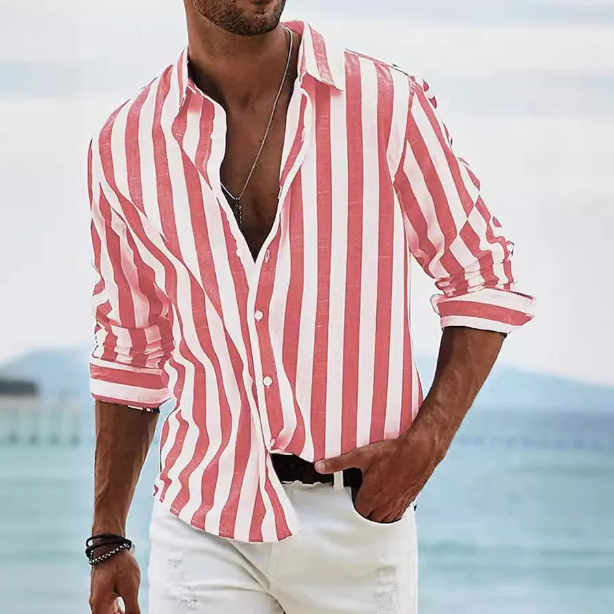 Men's loose fit striped long-sleeved cardigan shirt in light grey polyester fabric