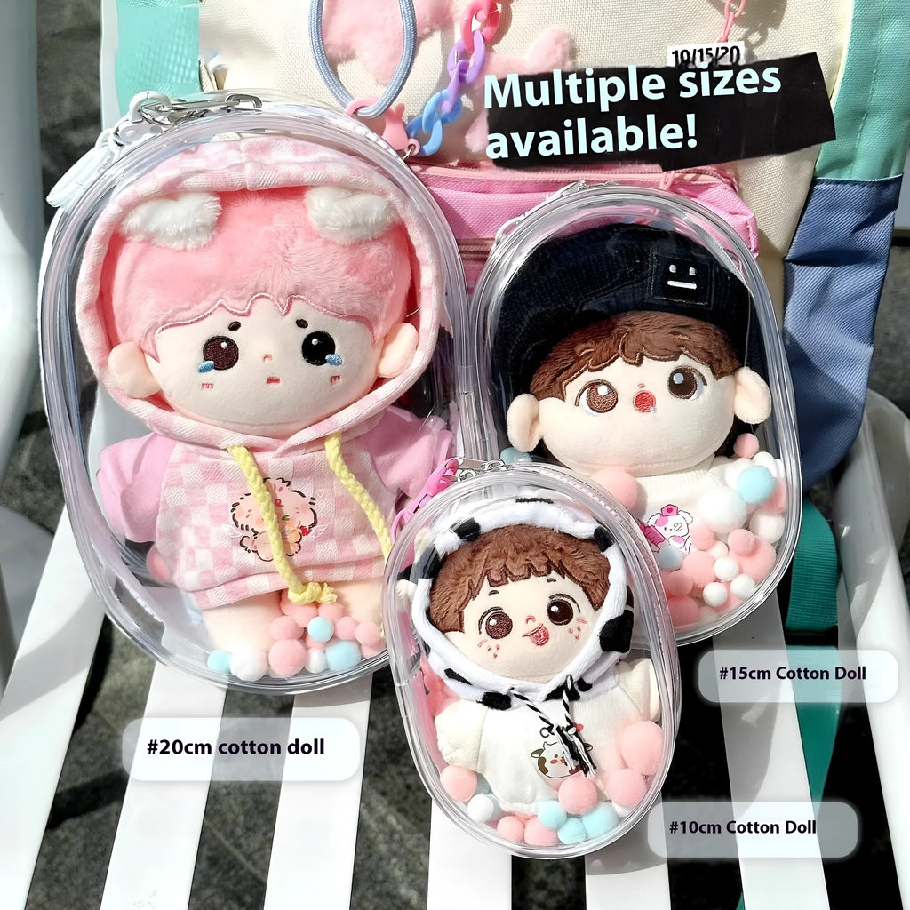 Transparent PVC cotton doll storage bag 17cm cube with keychain attachment options