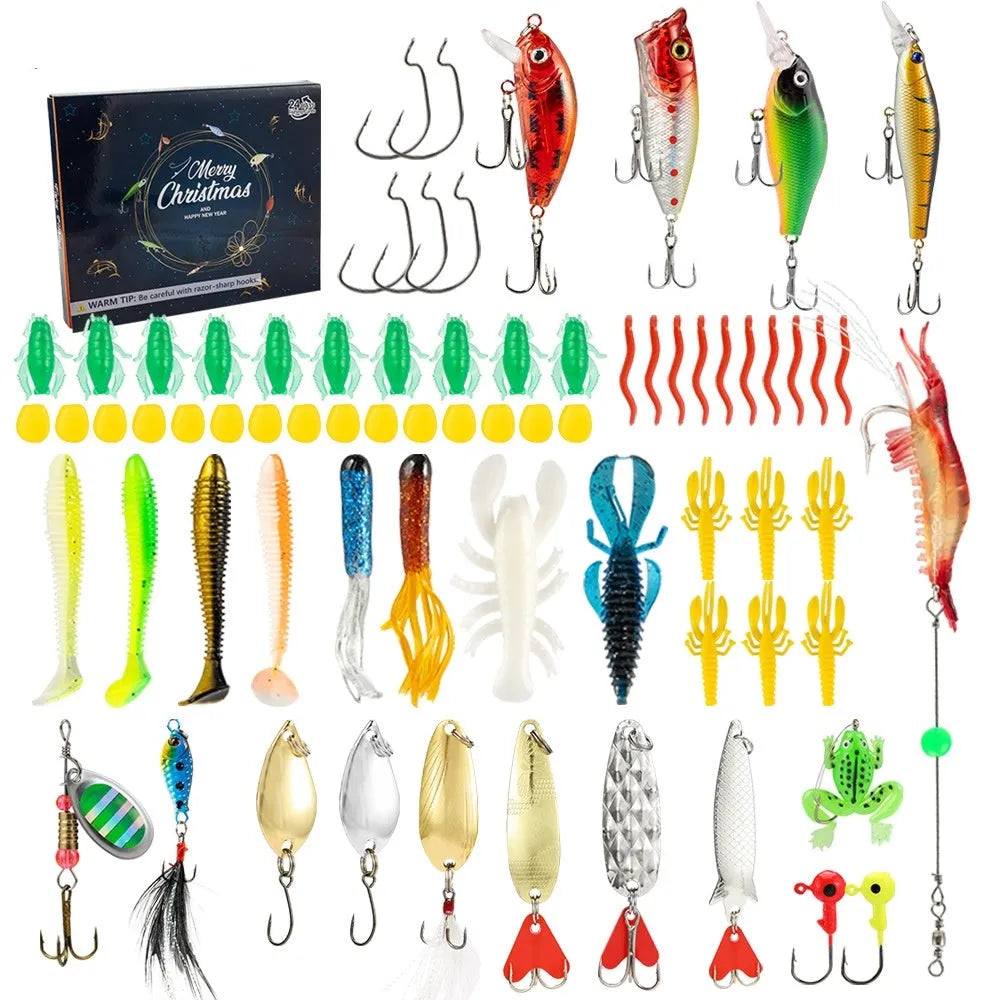 24-piece metal mino bog fishing tackle set with various lures and accessories in 01 style colour