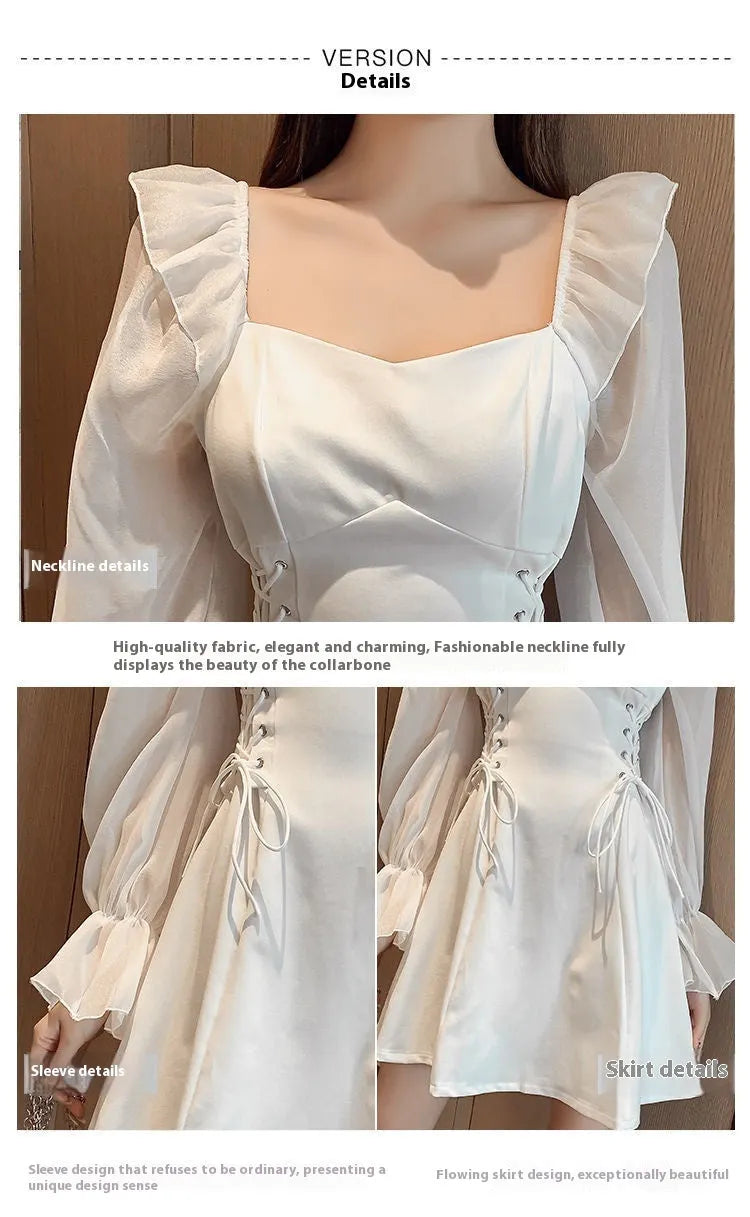 White women's long sleeve dress with chiffon patchwork detailing and a long, slimming skirt.