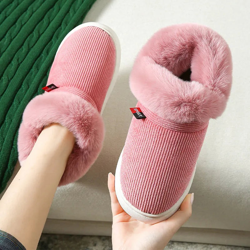 Winter plush corduroy house slippers for men and women with warm fleece lining in coffee colour