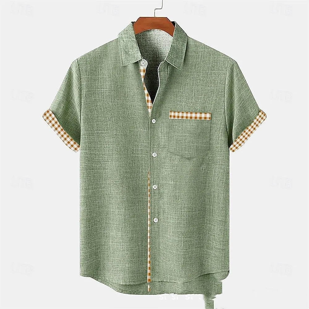 Loose fit linen short sleeve shirt with ocean fish pattern on lapel