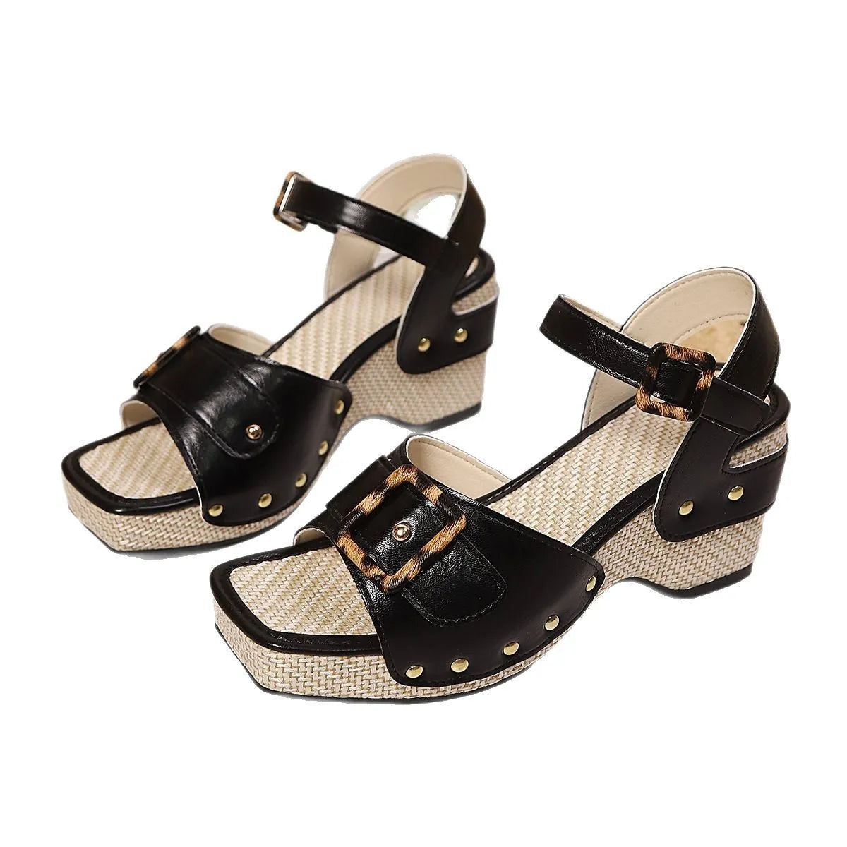 Women's white chunky heel sandals with metal buckle and square toe on a rubber platform sole.