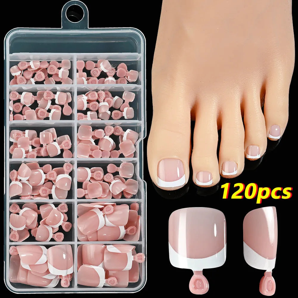 120 French white edge full square short nude nail pieces in a box, showing multiple shades.