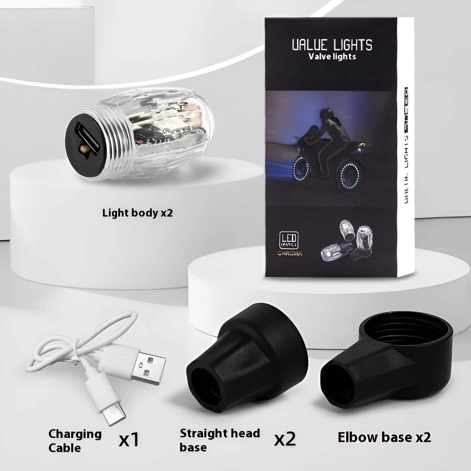 Colourful car tyre valve wheel lights in ABS housing with charging cable and bases