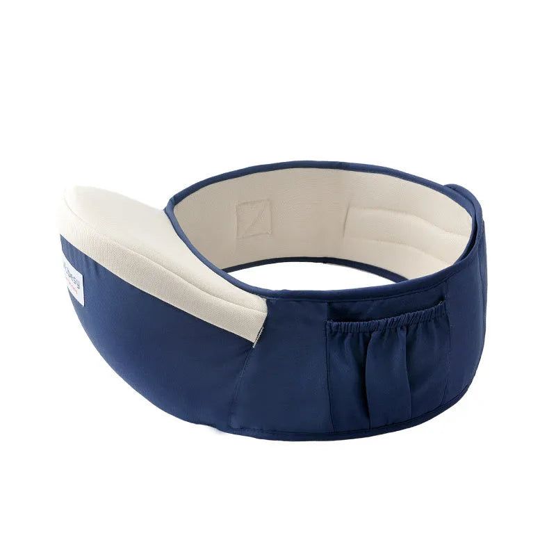 Baby carrier waist stool walker in blue with padded waist belt and hipseat, front zipper bag and side mesh bag visible