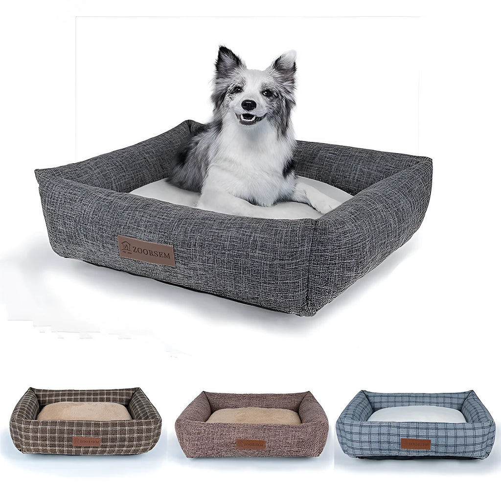 Square grey and brown plaid cloth dog bed for winter, shown in small and large sizes.