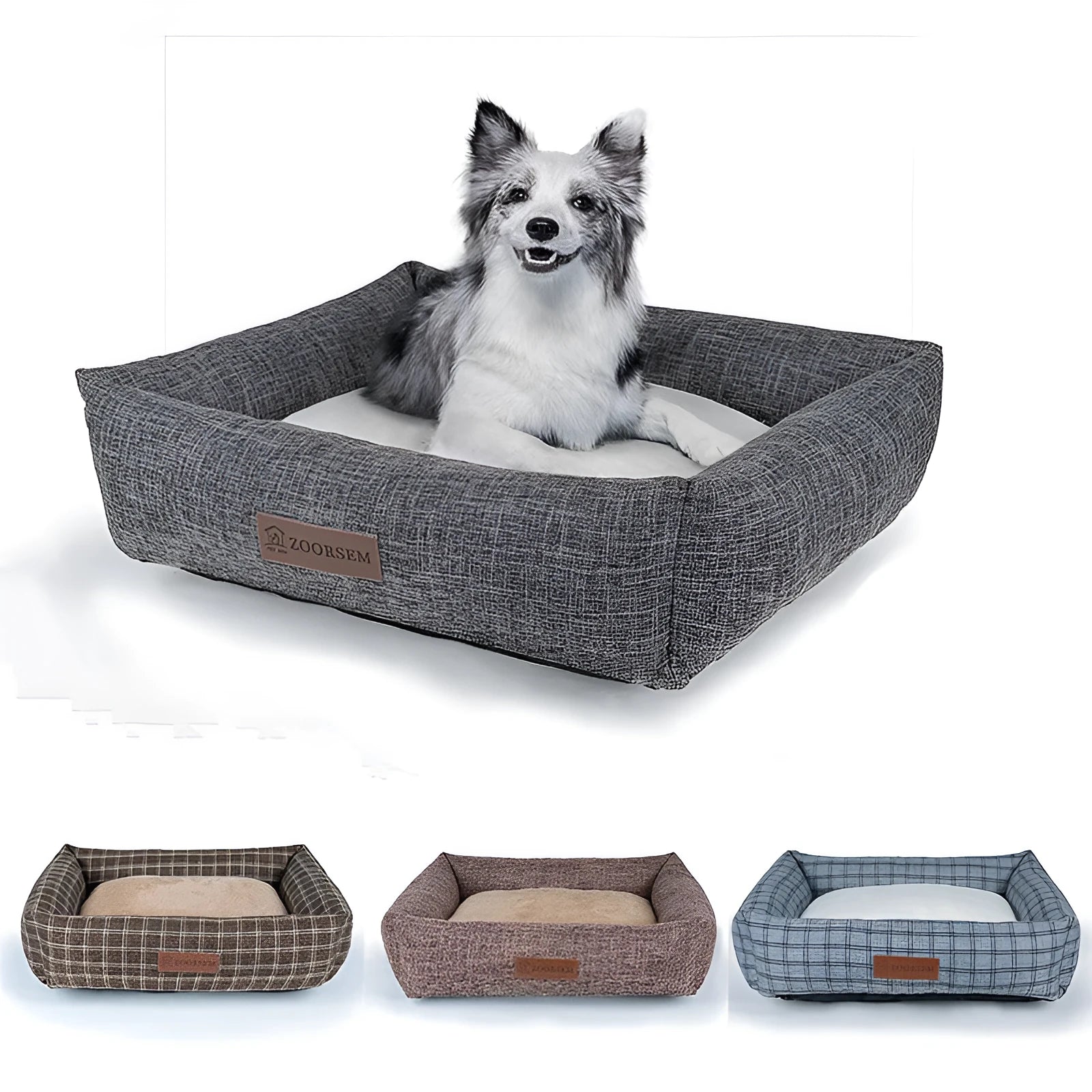 Square grey and brown plaid cloth dog bed for winter, shown in small and large sizes.