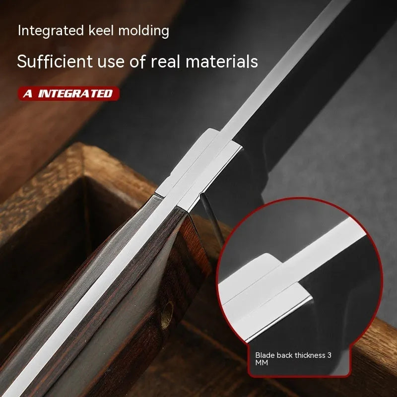 National style stainless steel camping fruit knife shown with its leather carry case.