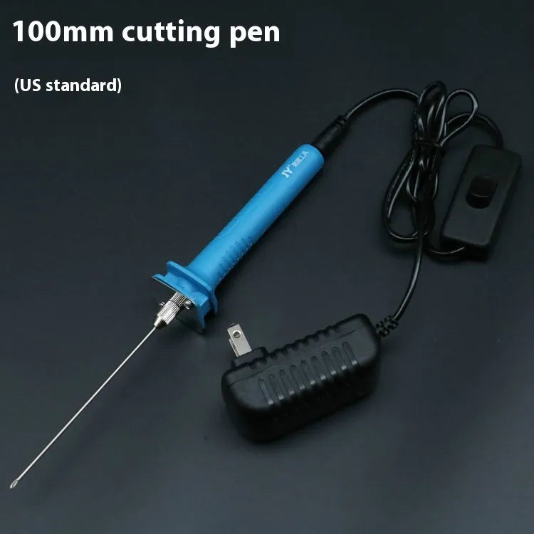 Blue plastic-handled electric hot knife cutter pen for foam with multiple blade sizes and power adapter