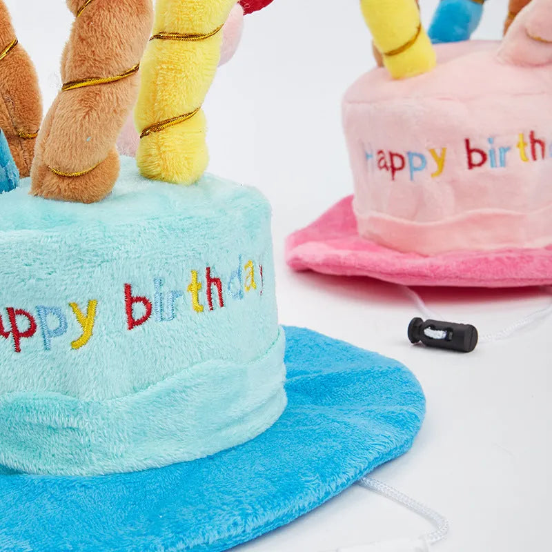 Small dog birthday hat in soft fabric with elastic band, blue and pink colour options