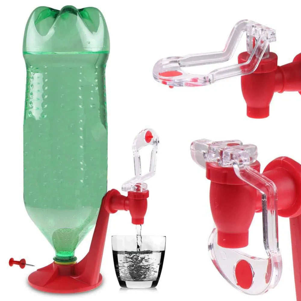 Red plastic Magic Tap soda bottle dispenser attached to a 2-litre bottle