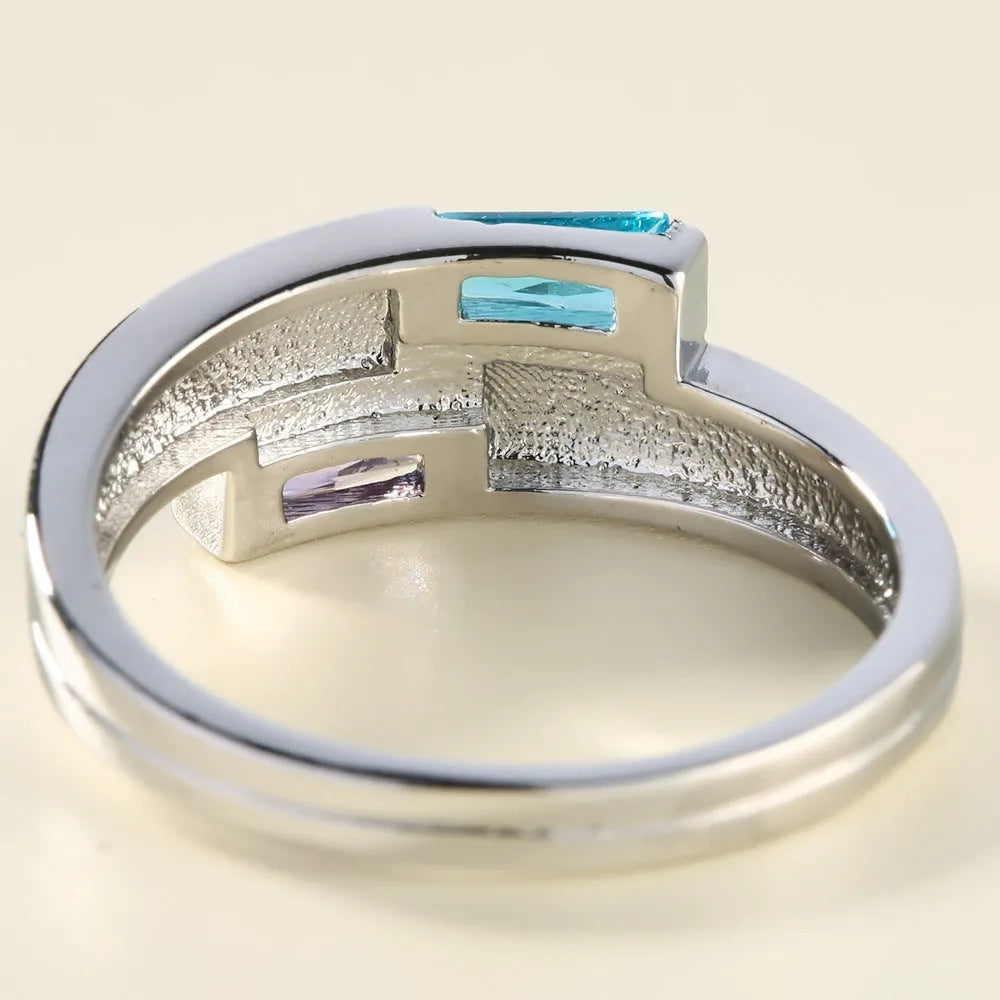 Copper ring with silver electroplating and embedded zircon stones in European sizes