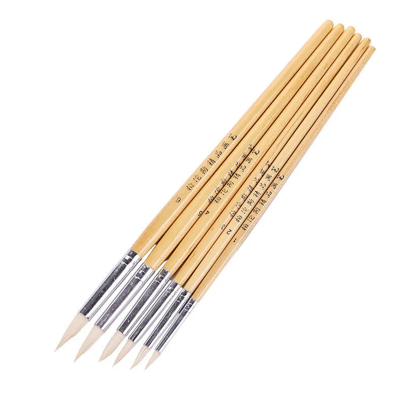 Six pointed wooden-handle wool brushes for detailed artistic line work.
