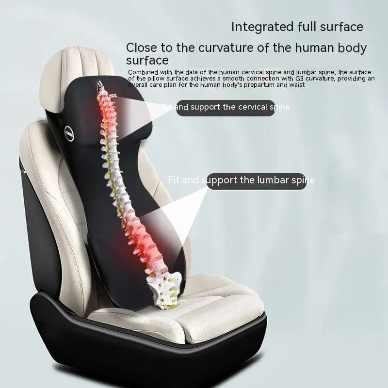 Black automotive memory foam waist cushion and headrest lumbar support pillow on a car seat.