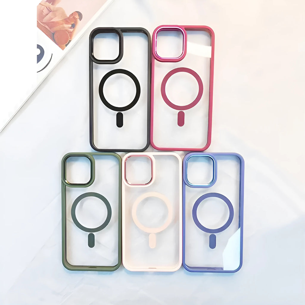 Magnetic transparent silicone phone case for iPhone in various colours including green, red, blue, black, and pink