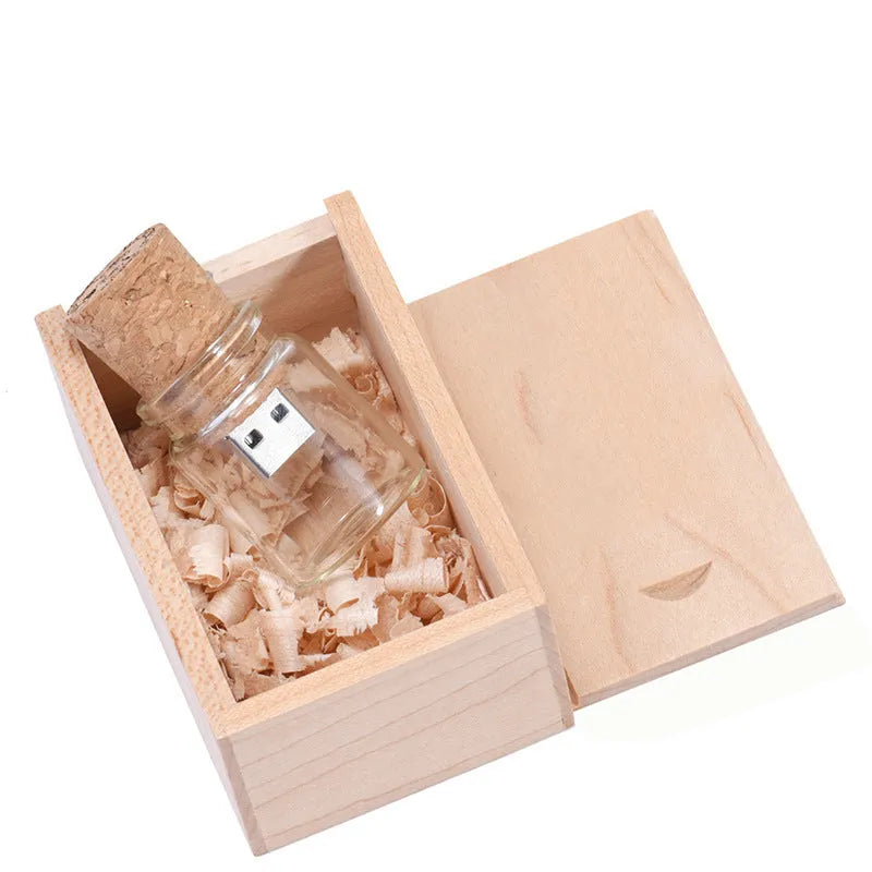 Chocolate brown wooden USB drive in a drift bottle storage disk shape with custom lettering on the side.