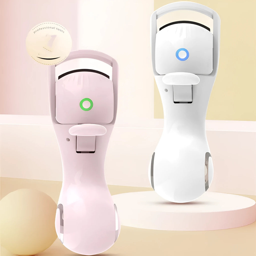 Electric eyelash curler with three-speed temperature control, plastic body and silicone pad, USB charging, available in pink or white
