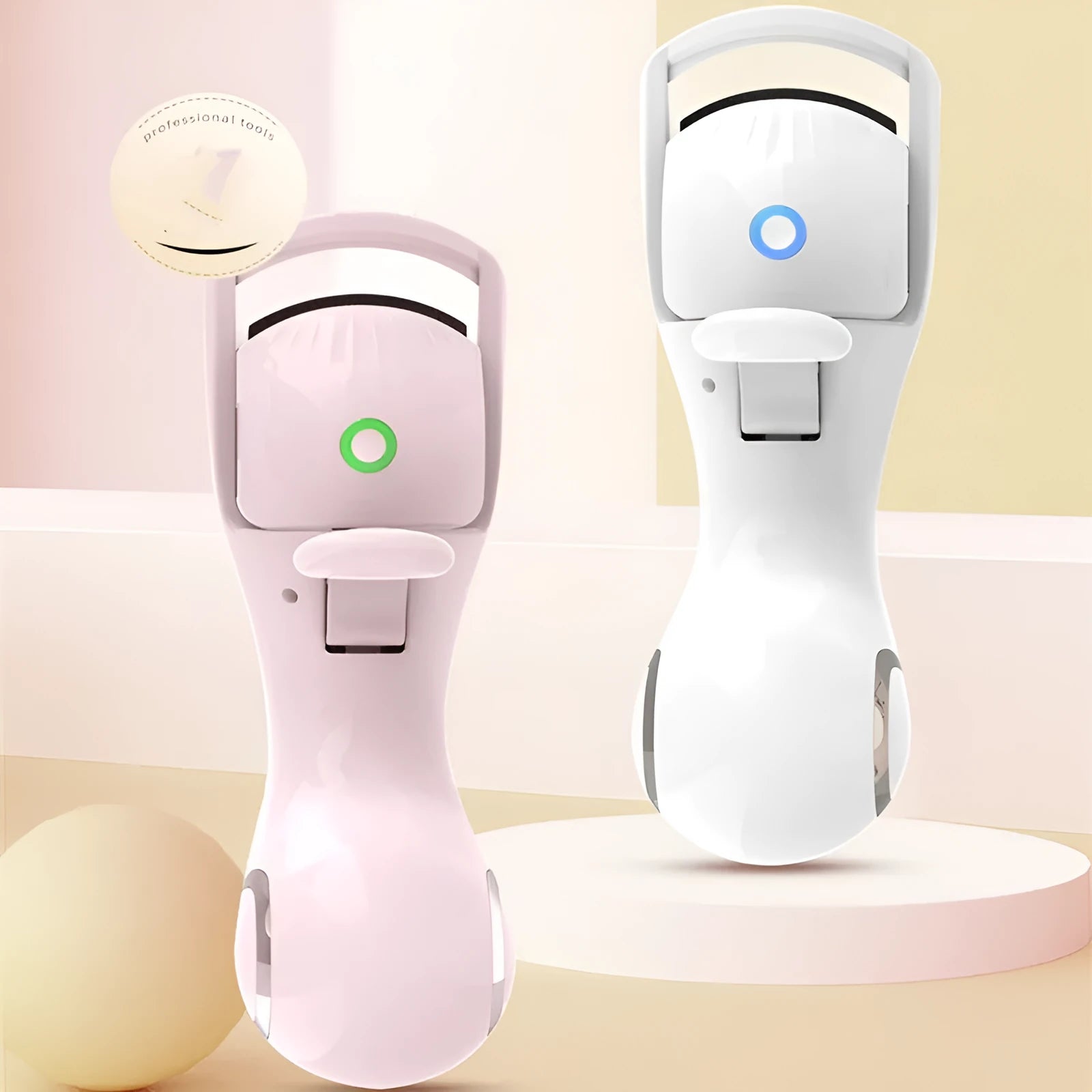 Electric eyelash curler with three-speed temperature control, plastic body and silicone pad, USB charging, available in pink or white