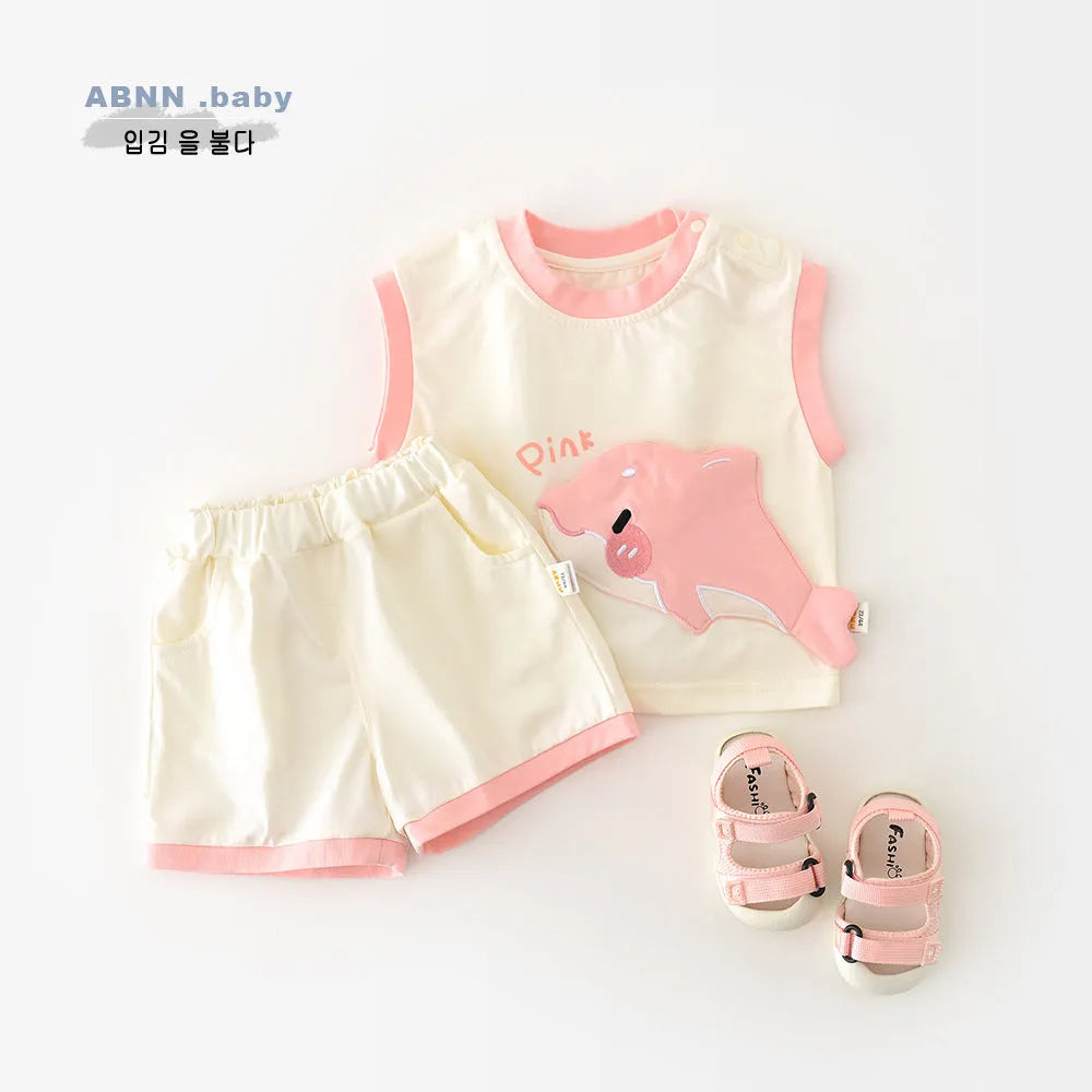Blue shark cartoon vest and shorts set for toddlers, cotton blend pullover summer suit