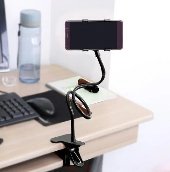 Black portable phone holder with a long 70cm flexible metal arm and a V-type clip mounted on a bed headboard.