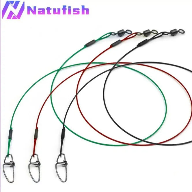 Set of 10 anti-bite steel wire fishing accessories with double buckle pins in black, green, and red colours