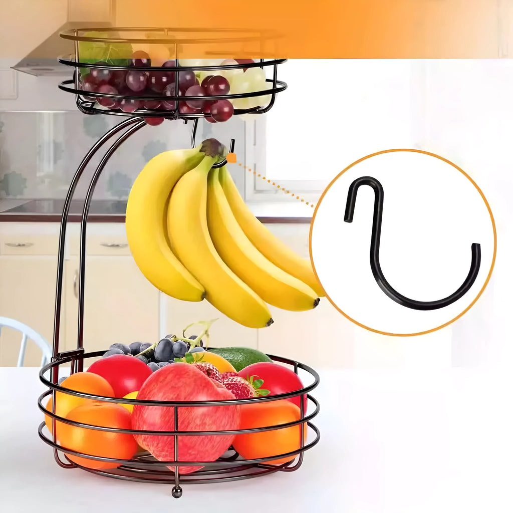Double-layer black wrought iron fruit basket with two open storage tiers.