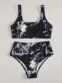 Women's marble tie-dye high waist bikini with U-neck top in blue colour variation