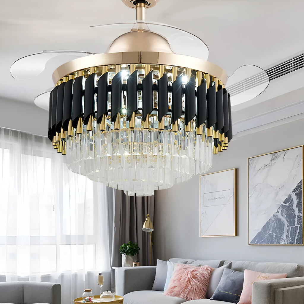 Remote control crystal ceiling fan light unit shown in 42-inch and 48-inch size options.