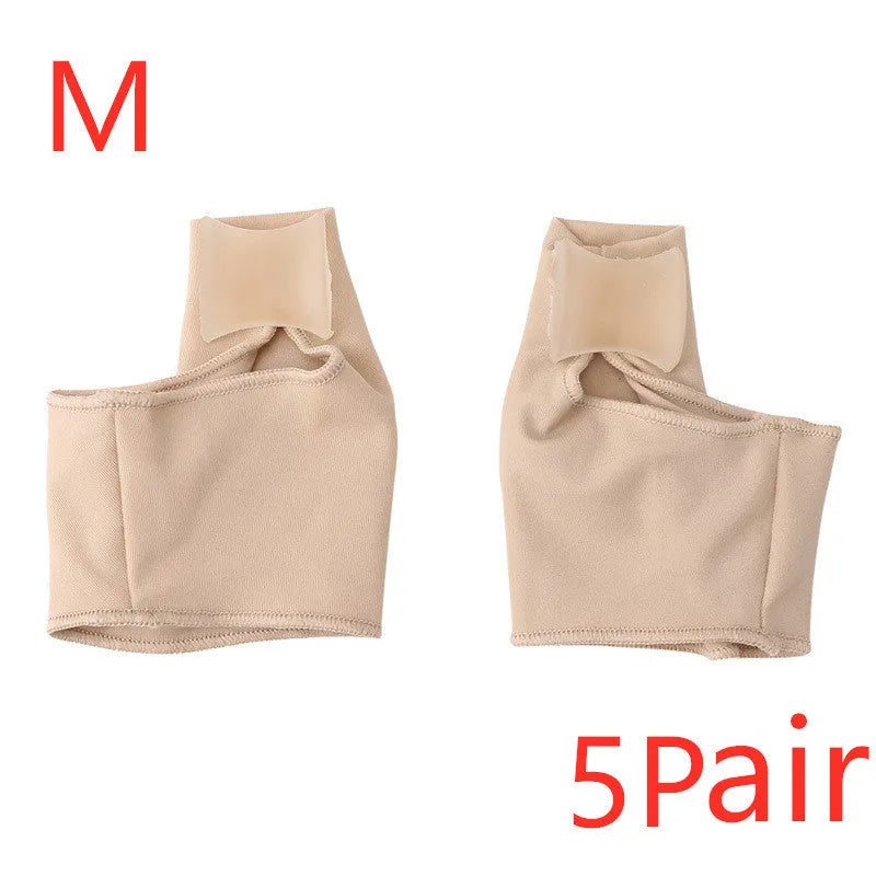 Corrective bunion sock with silicone gel toe separator shown in sizes S, M, and L on a foot diagram.