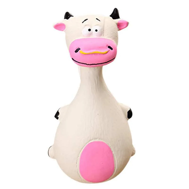 Latex sounding cartoon pet toy in dairy cow design with squeaker, white with black patches